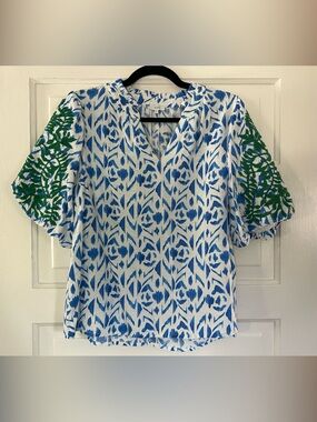 VOV Blue & White Printed V-Neck Blouse with Green Embroidered Sleeves. Medium